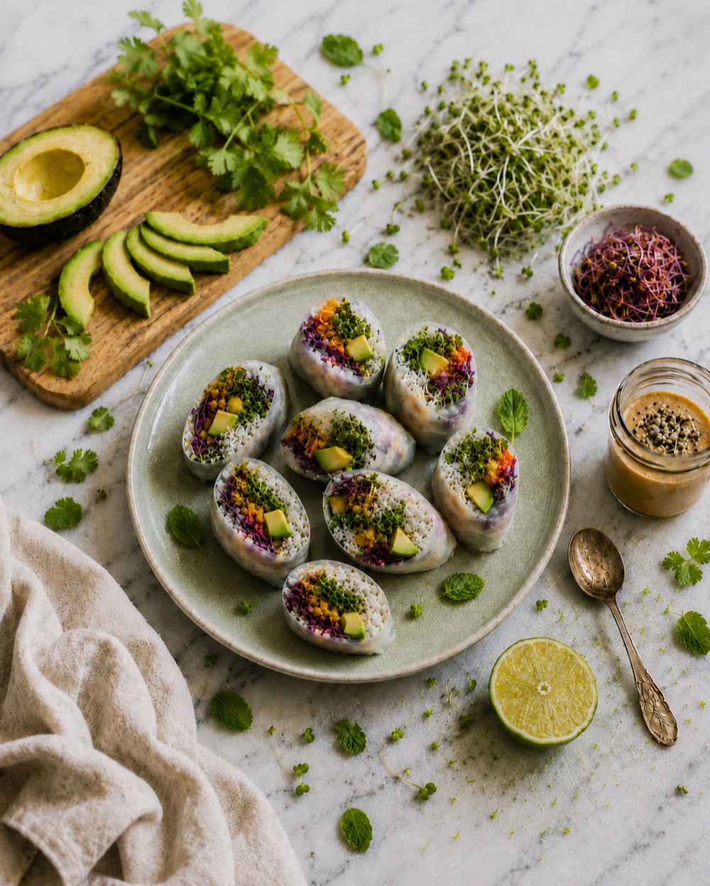 Rainbow sprout summer rolls with creamy lime-tahini sauce — free recipe when you sign up at HowLongToSprout.com